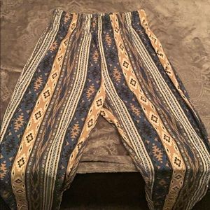 Blue/beige tribal print straight cut flowy pants